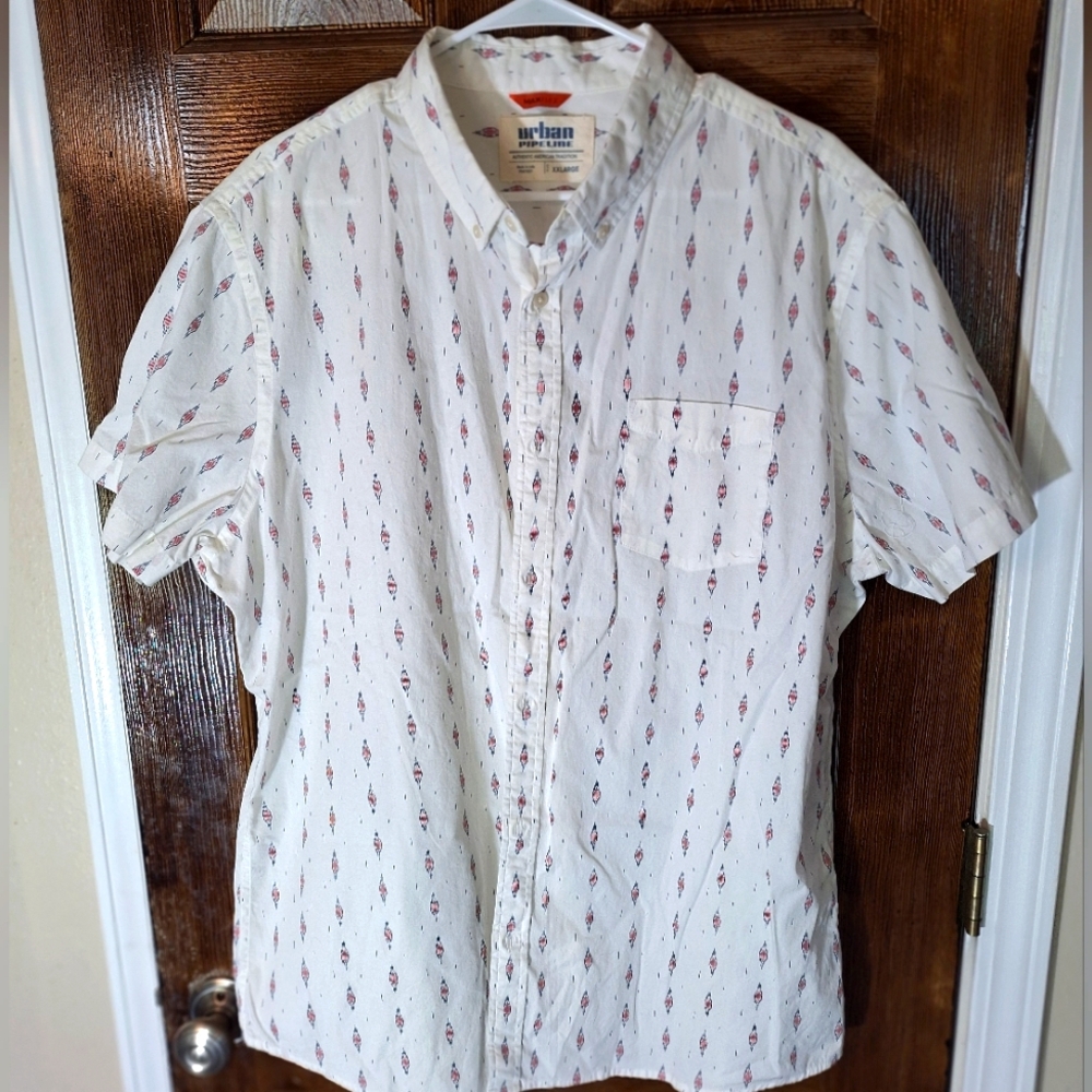 Urban Pipeline Mens Maxflex Button Down Shirt Medium XXL White/Aztec
